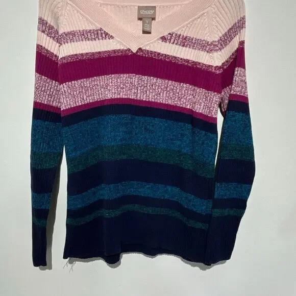Chico's Women's Multicolor Colorblock Knitted V-Neck Pullover Sweater Medium - Picture 3 of 12